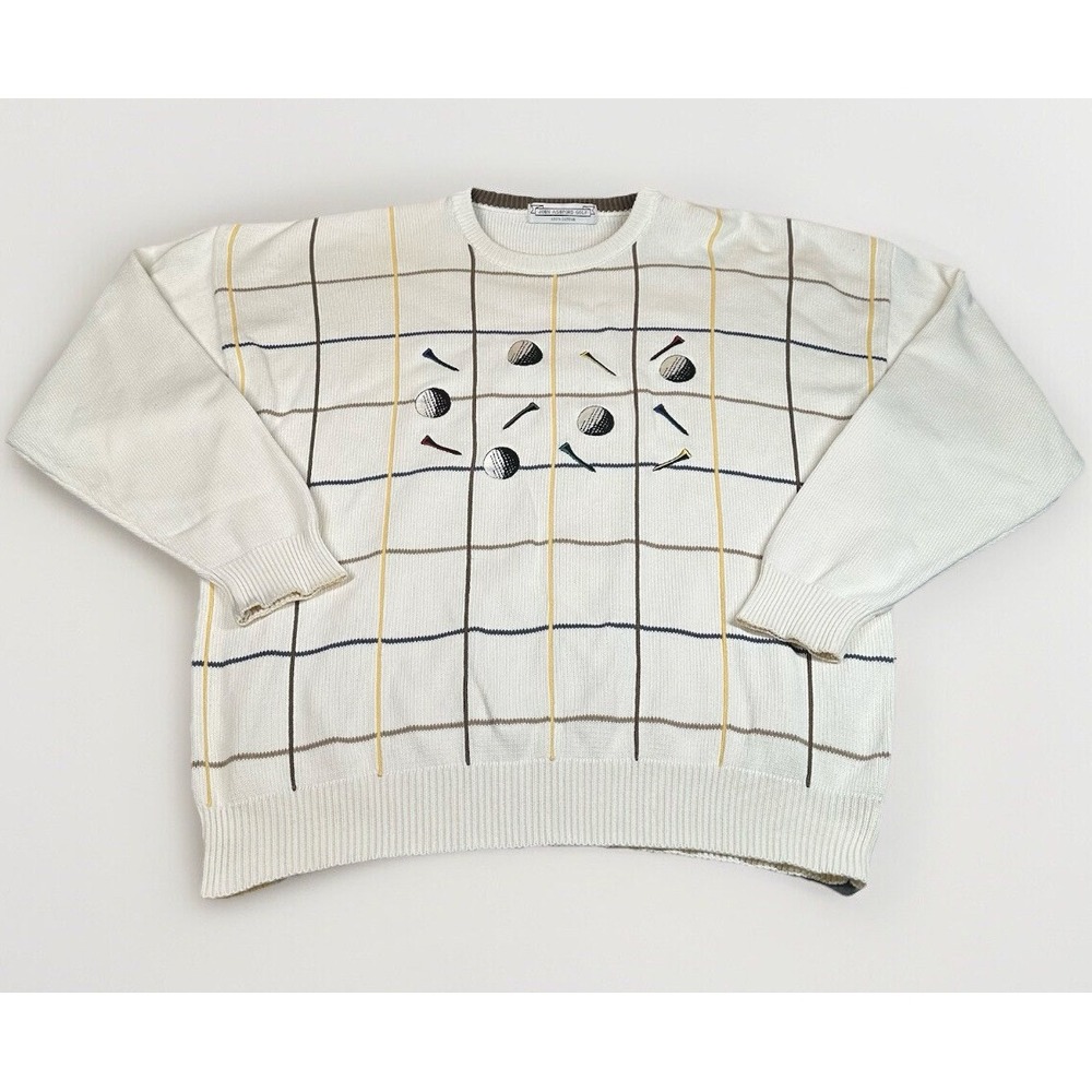 VTG John Ashford Sweater Men 2XL White Pullover Golf Tees Grid Pattern 90s NOTE